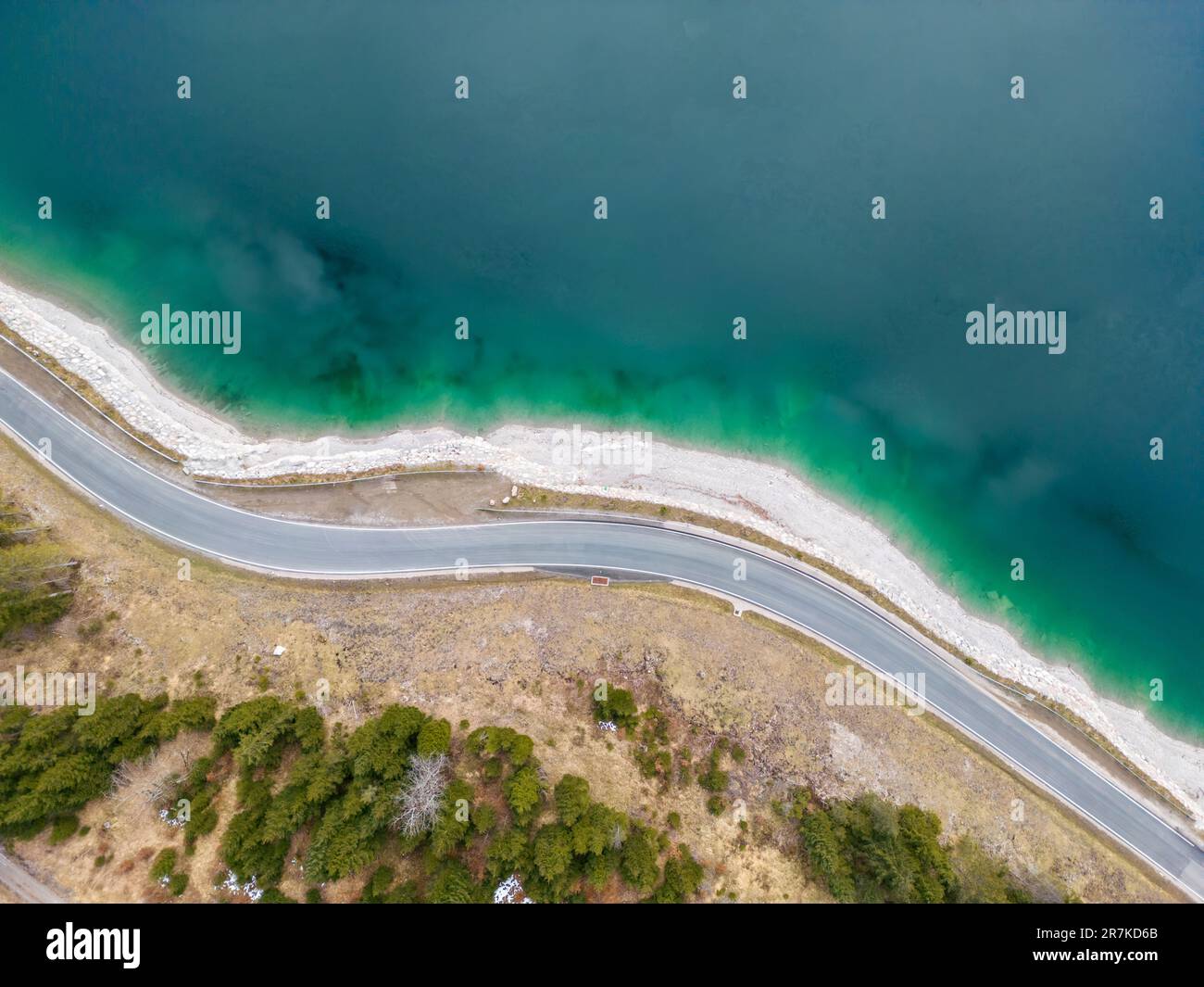 An aerial view of natural scenery near the Plansee Lake in Tyrol ...