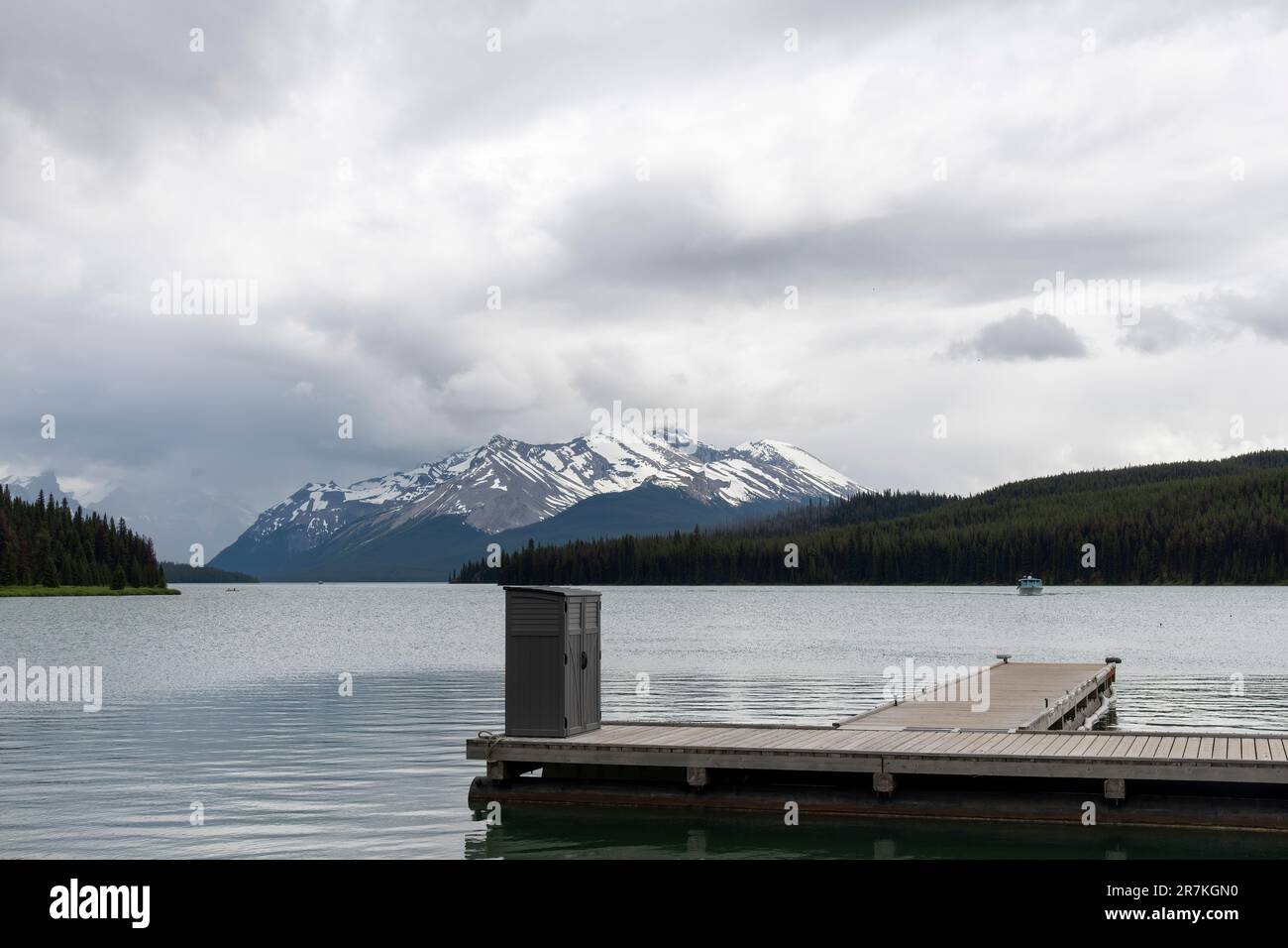 Maligne Lake, AB, Canada-Aug 2022; Panoramic view over the Maligne Lake ...