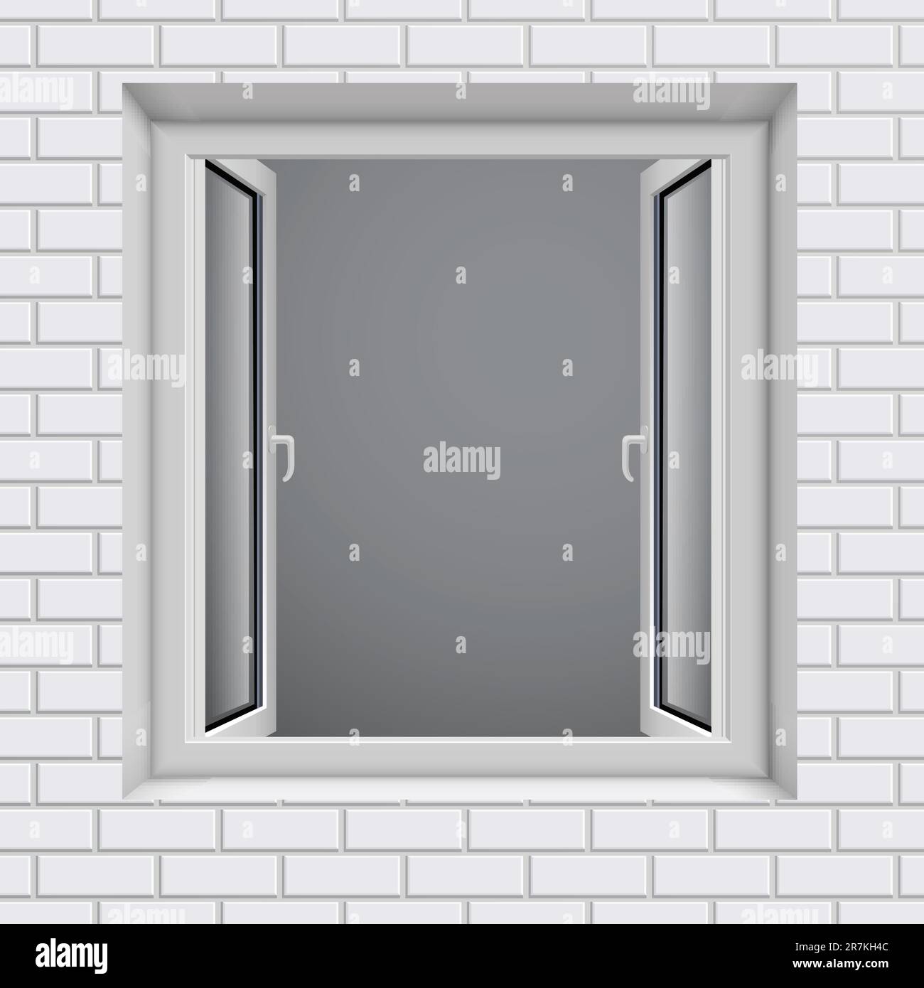 Opened plastic window in white brick wall. Vector illustration. Stock Vector