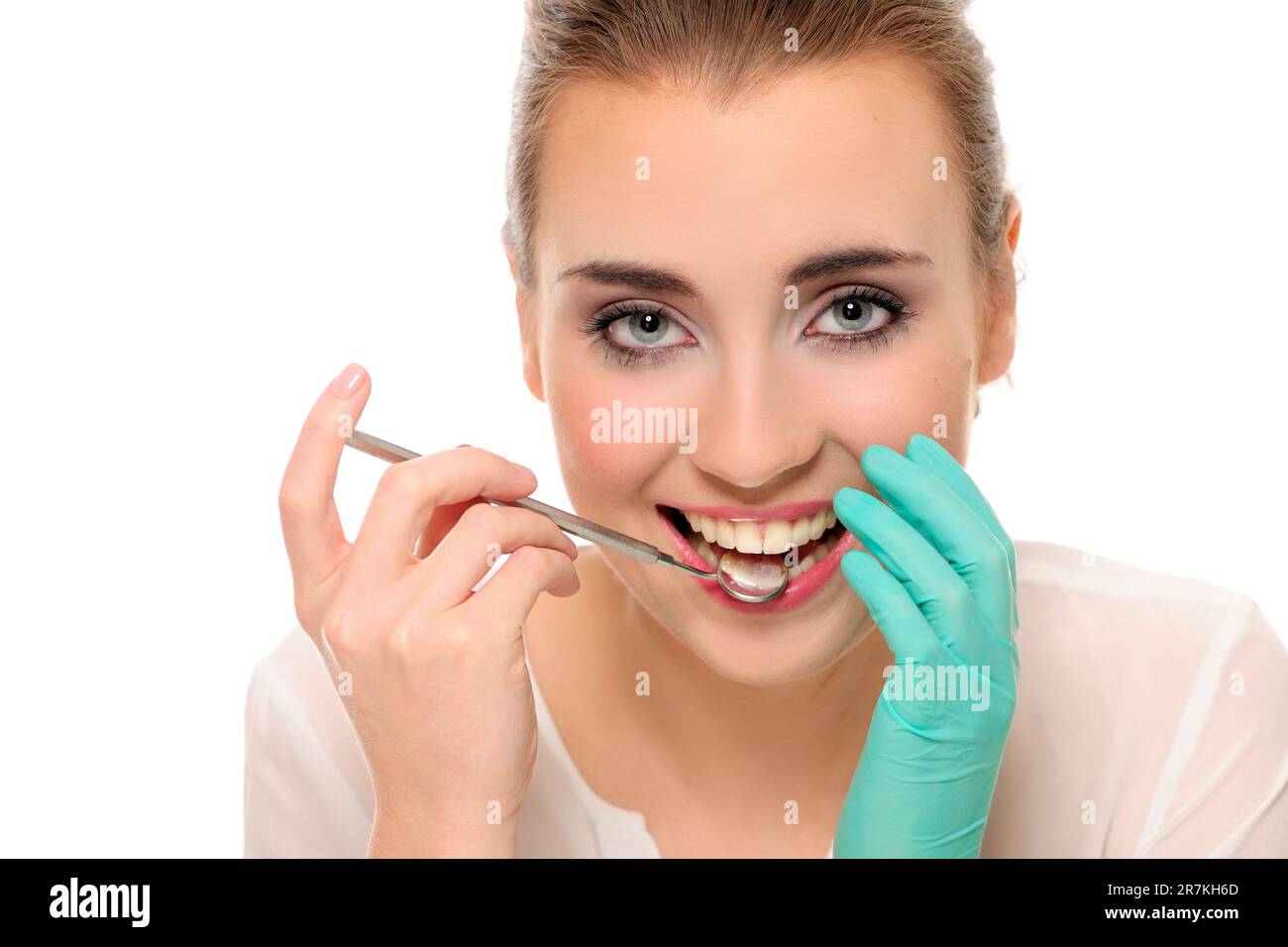 dental hygiene and treatment, tooth, model and dentist tools Stock