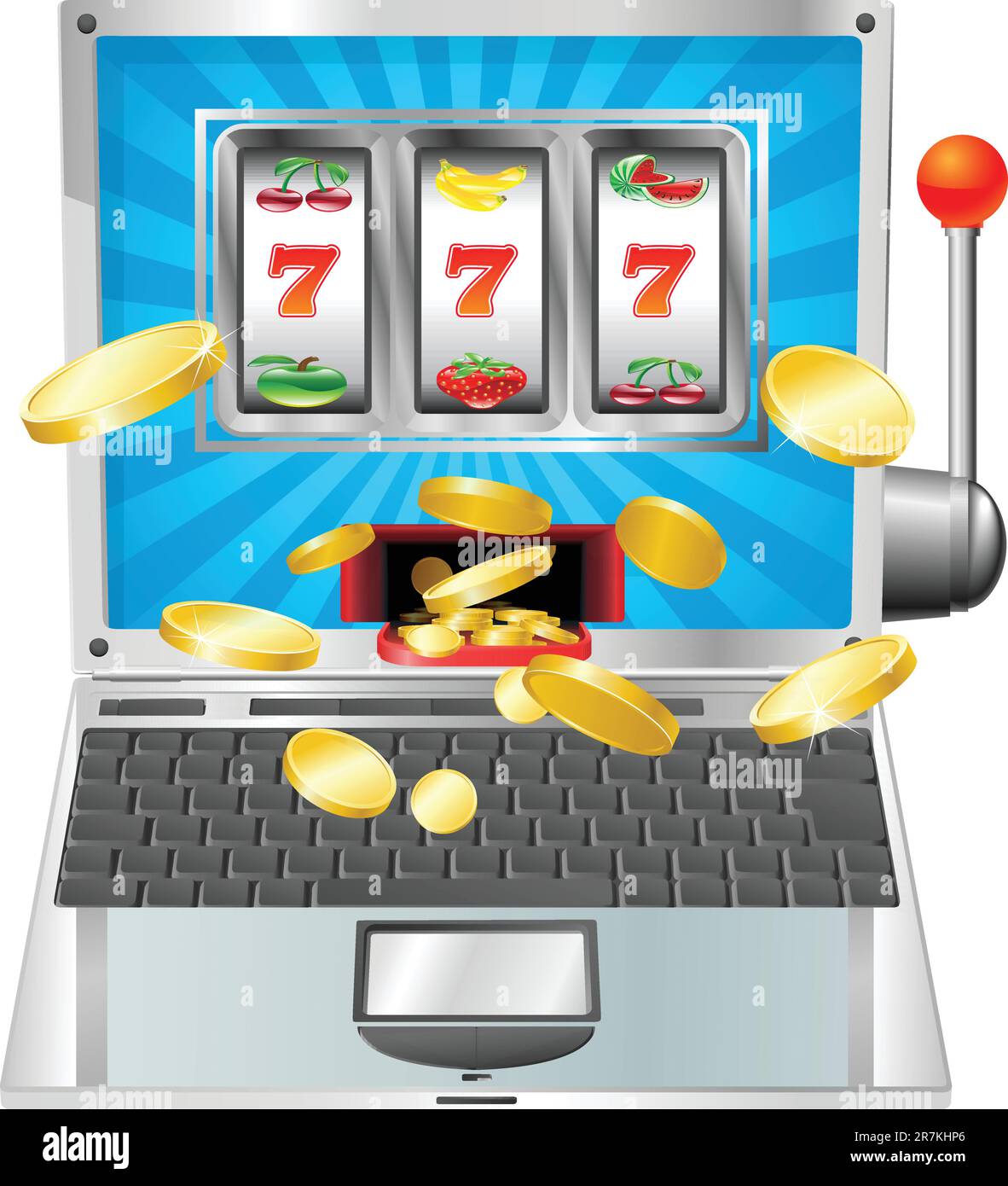 Laptop fruit machine online gambling win concept Stock Vector