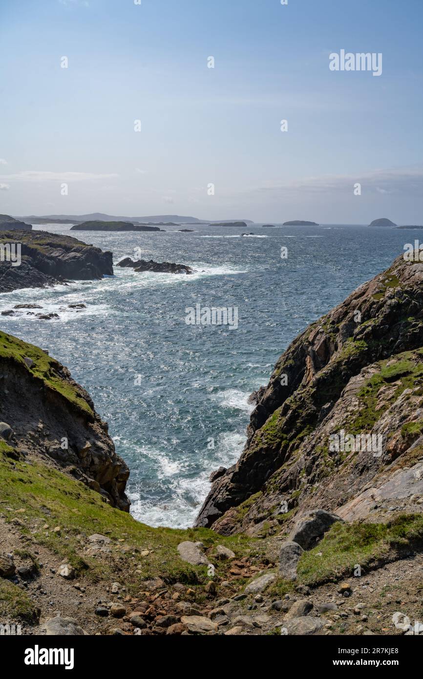 Looking south along the coast of Lewis from Gaernin in Lewis, Western Isles of Scotland, Stock Photo