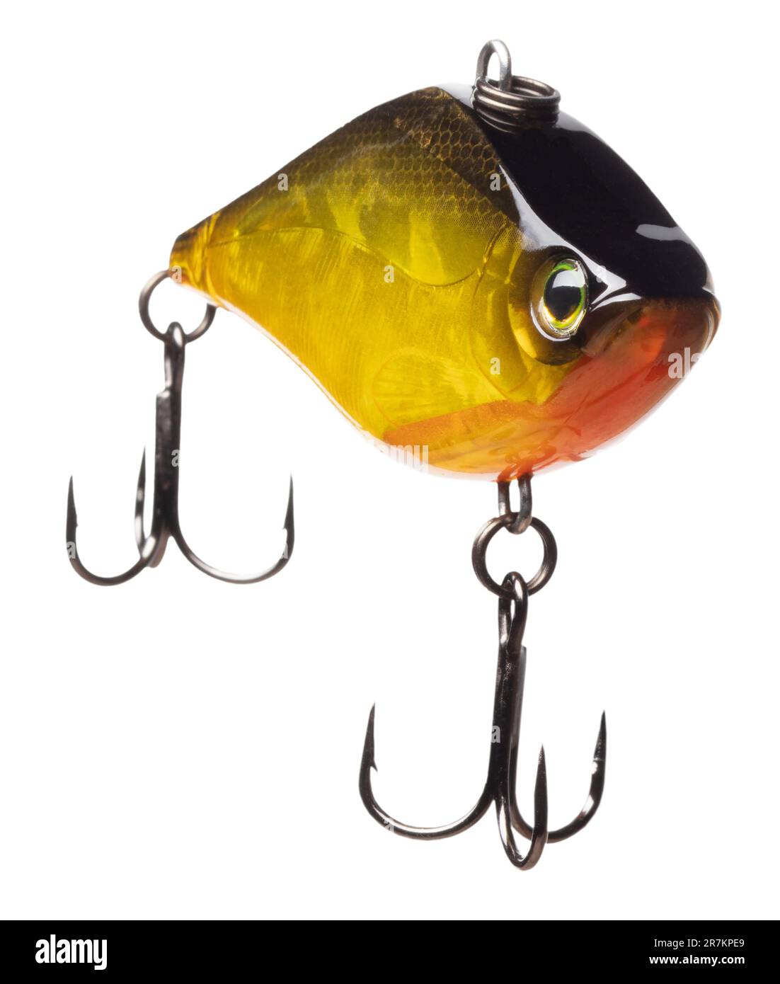 Yellow and orange fishing lure that looks like it is coming at the