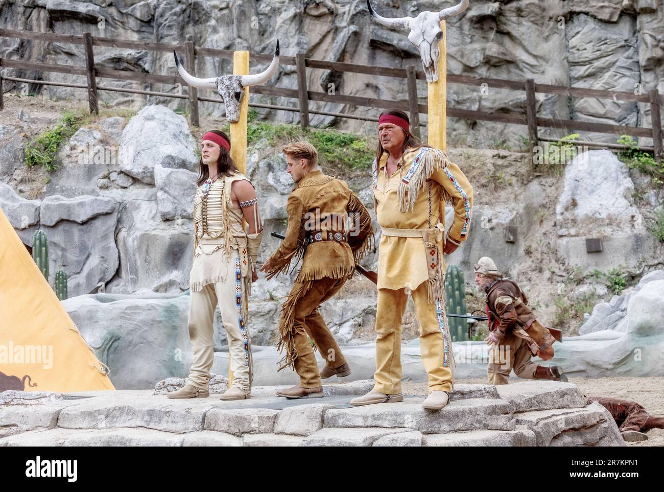 Bad Segeberg, Germany. 16th June, 2023. Actors (l-r) Alexander Klaws as Winnetou, Bastian Semm as Old Shatterhand and Joshy Peters as Intschu-tschuna perform at the photo rehearsal for the new production of the Karl May Games 'Winnetou I - Blood Brothers'. The play celebrates its premiere on June 24 at the open-air theater at Kalkberg. Credit: Markus Scholz/dpa/Alamy Live News Stock Photo