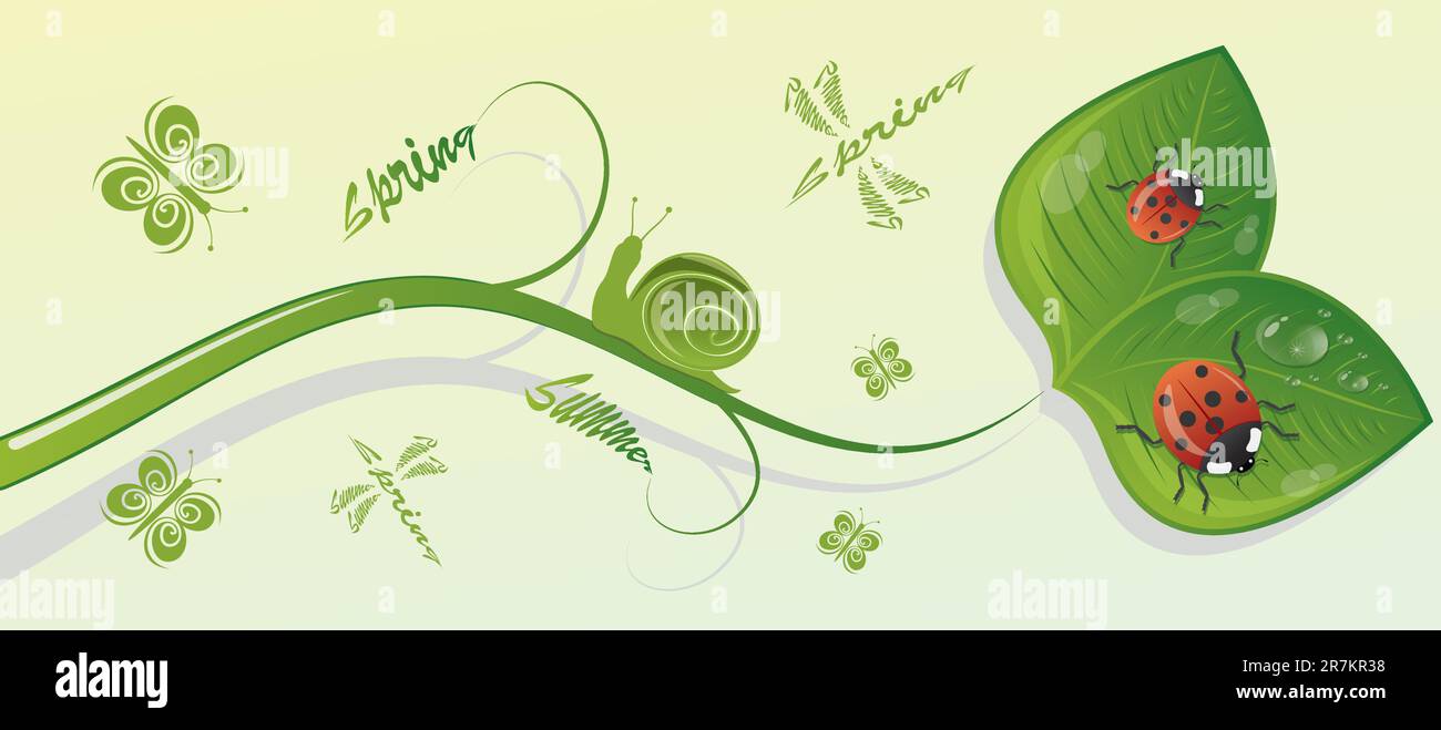 Green branch with leaves and insects. Vector illustration Stock Vector ...