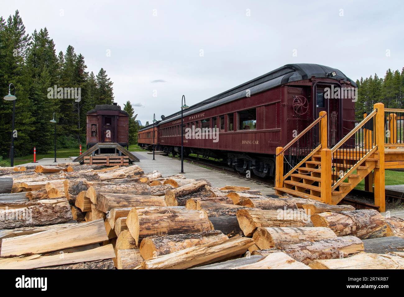 Lake Louise, AB, Canada-August 2022; View of former railway dining car next to the former Lake Louise railway station Stock Photo