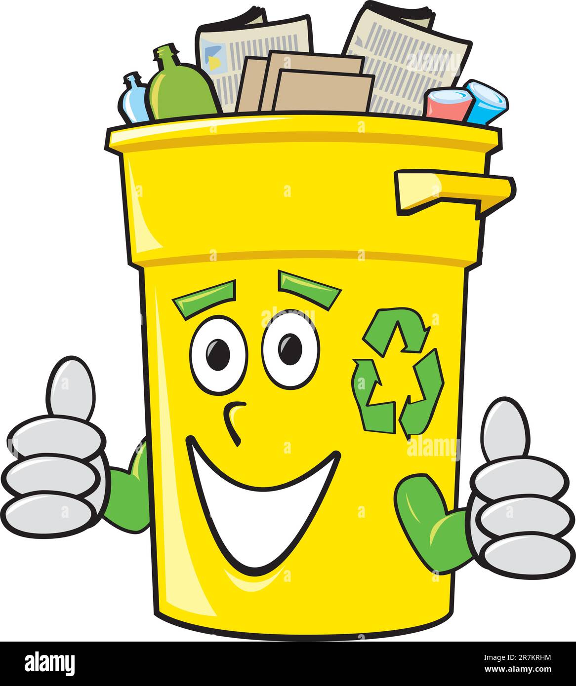 A smiling yellow cartoon recycling bin giving two thumbs up. Stock Vector