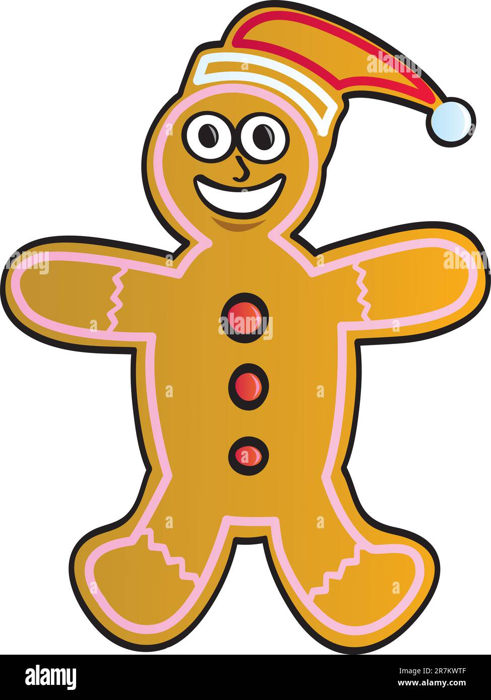 A cartoon gingerbread man with a big smile and santa hat. Stock Vector