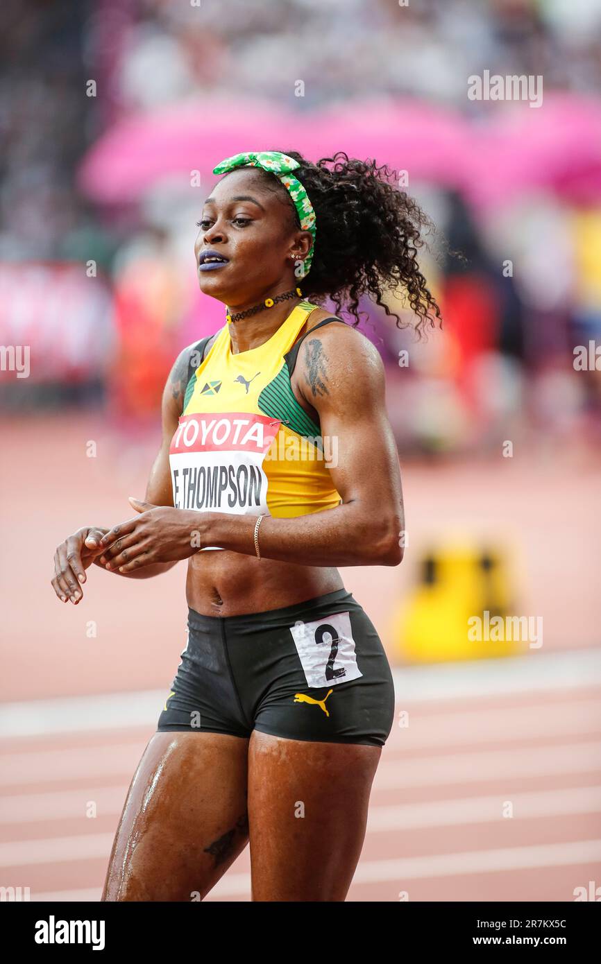 Elaine Thompson participating in the 100 meter at the World Athletics ...