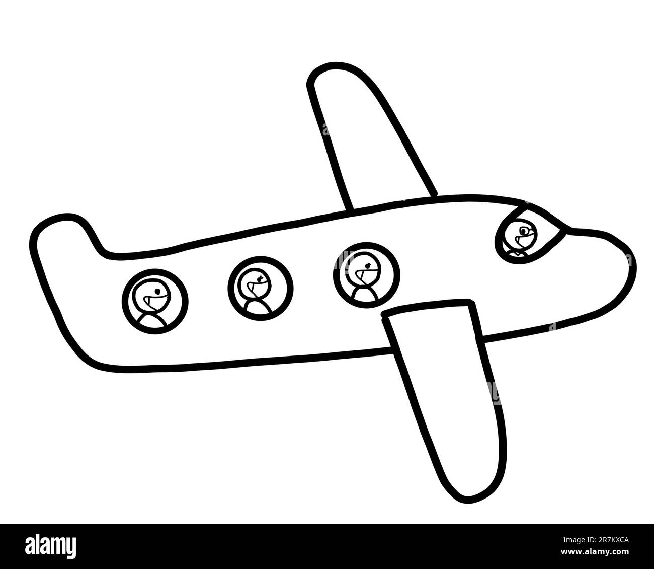 An airplane with a group of passengers wearing medical protective face mask flying on vacation holiday. Illustration black and white outline drawing, Stock Photo