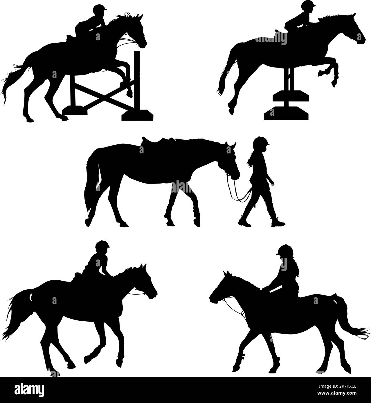 A group of five silhouettes featuring  horses and children Stock Vector