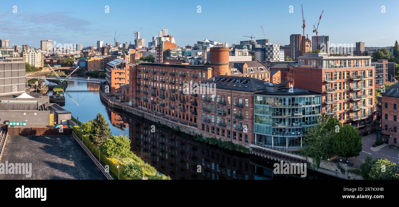 ROBERT'S WHARF, LEEDS, UK MAY 2, 2023. An aerial panoramic view of a