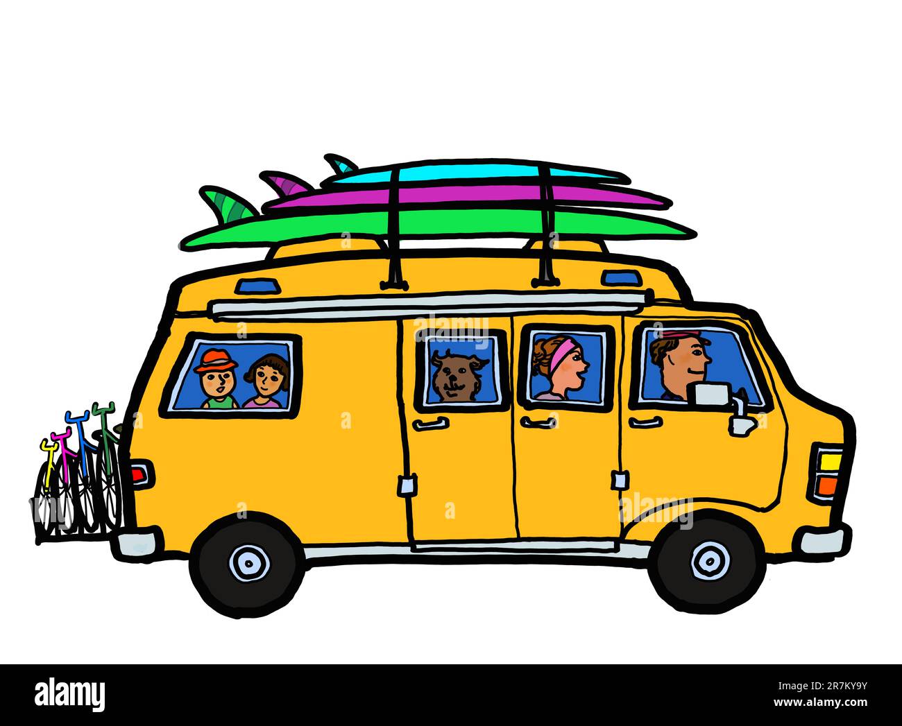 A group of family in a camper van vehicle with surfboard and bicycles travel camping outdoor road trip on vacation holiday freedom lifestyle. Stock Photo