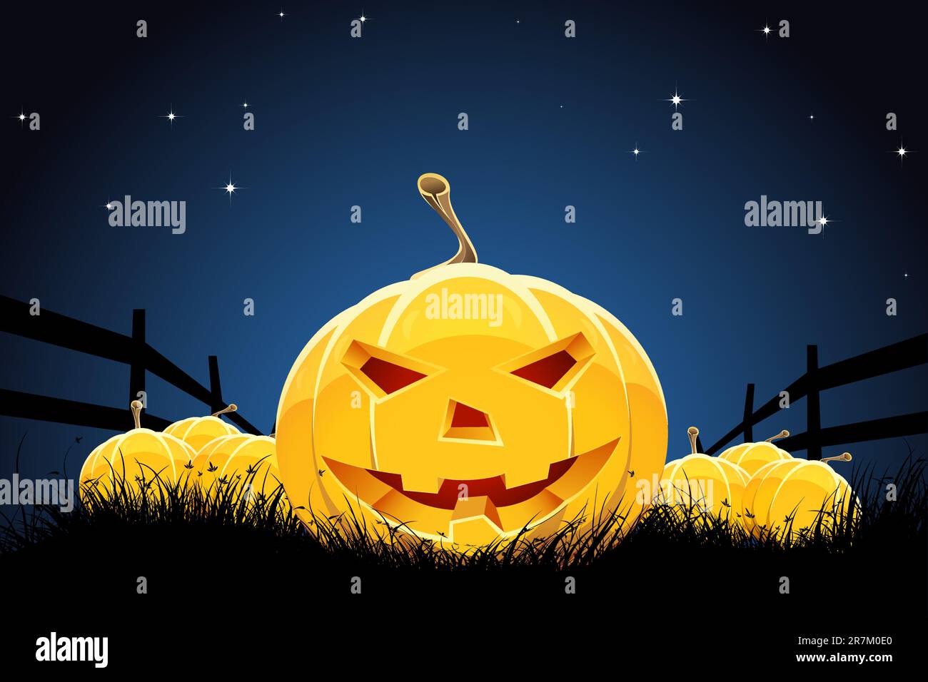 Halloween night background with pumpkins grass and stars Stock Vector ...