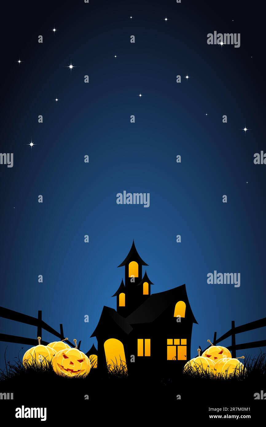 Halloween night background with pumpkins house and stars Stock Vector