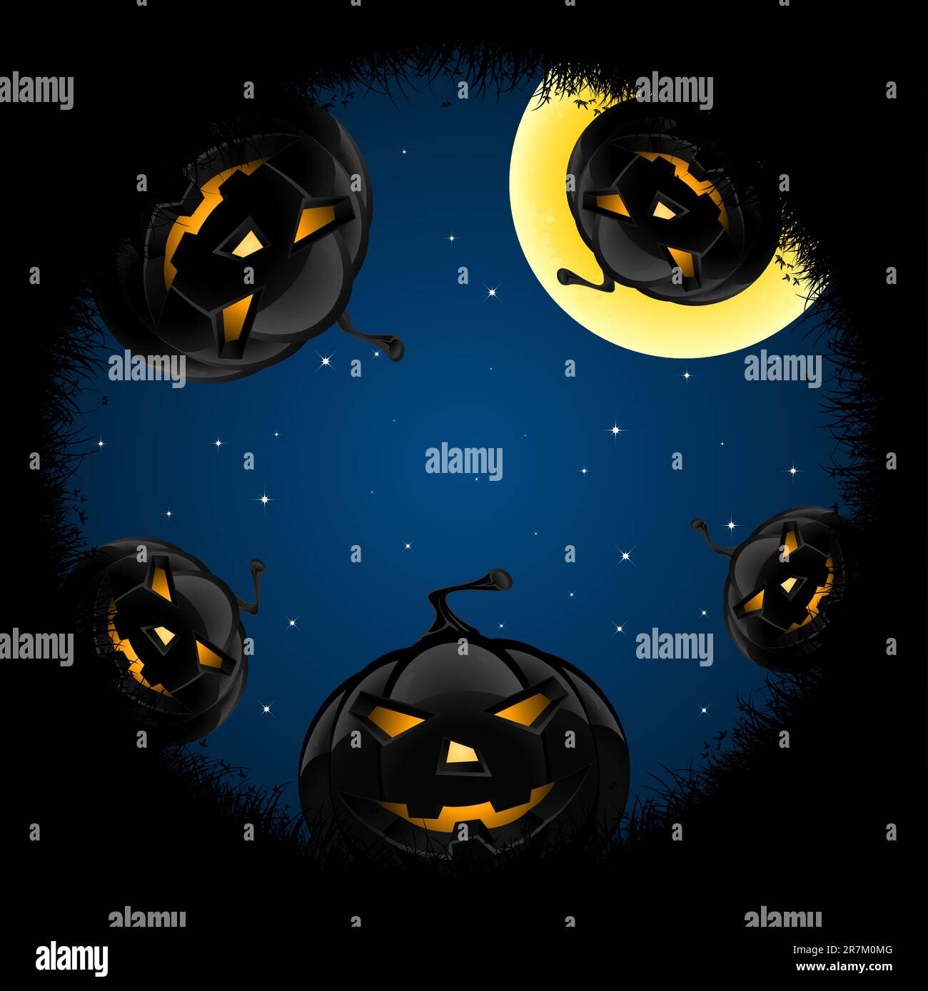 Halloween night background with pumpkins bats stars and moon Stock ...