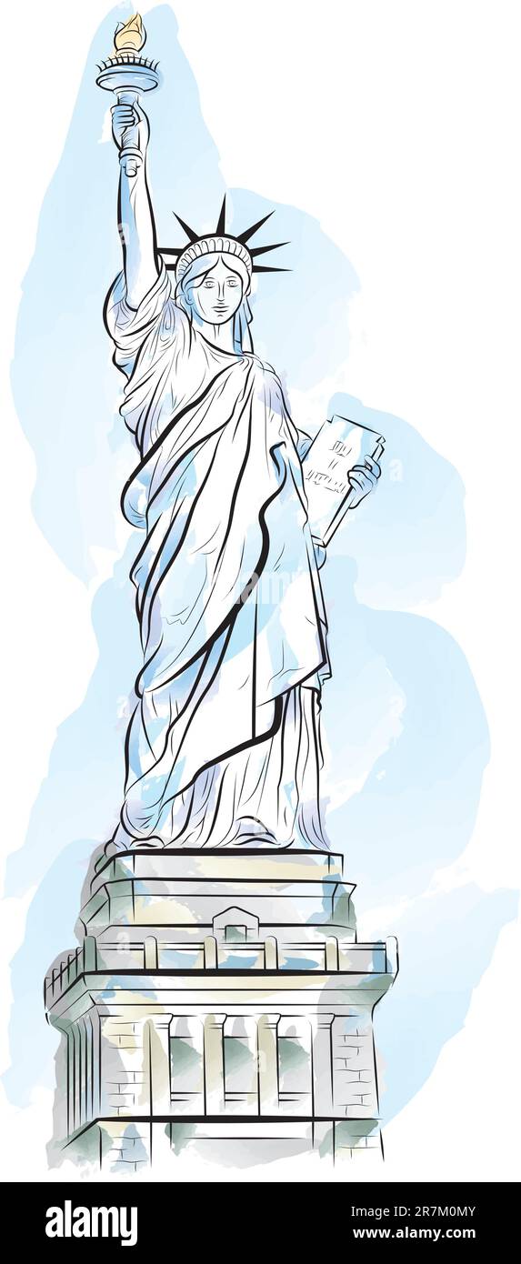 Drawing color Statue of Liberty in New York, USA. Vector illustration Stock Vector
