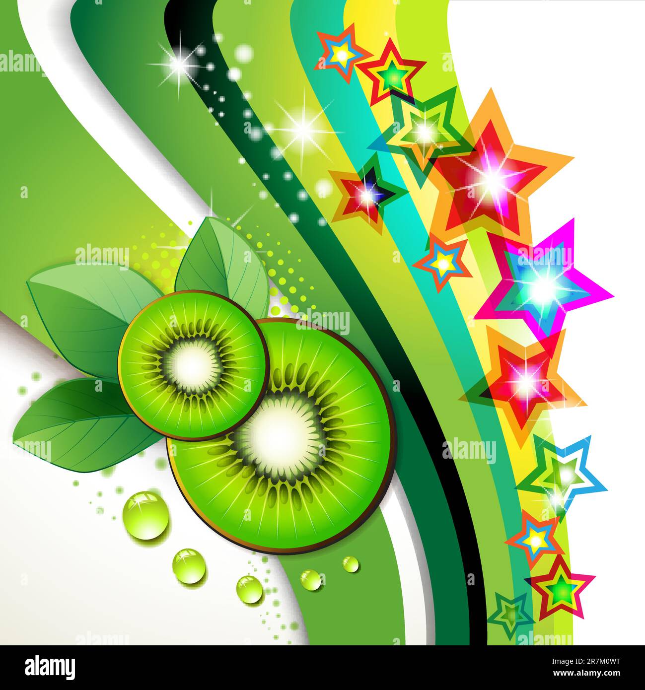 Kiwi slices with leaf over colored background Stock Vector