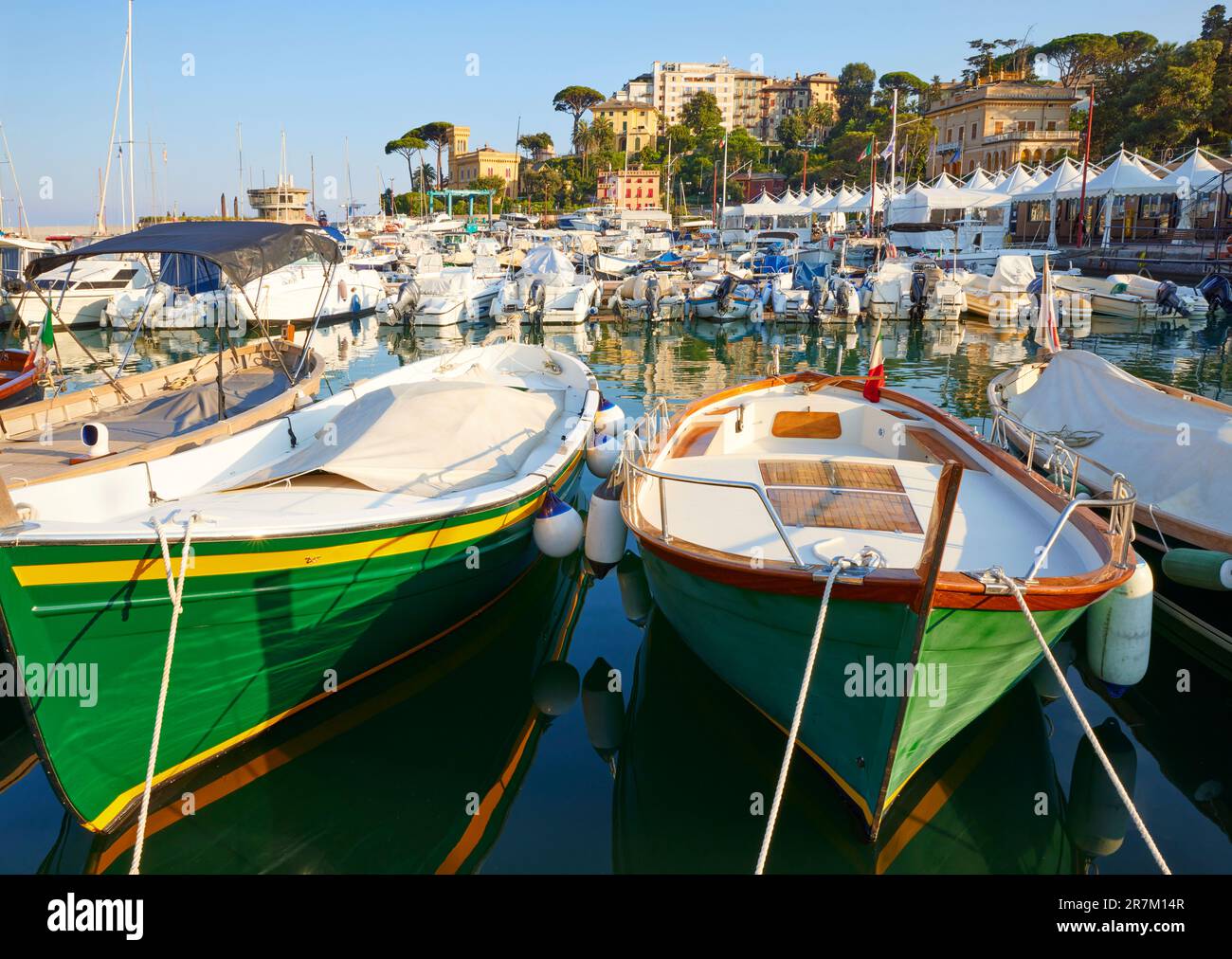 Colourful green boats moored in Rapallo marina, Liguria, Italy Stock Photo