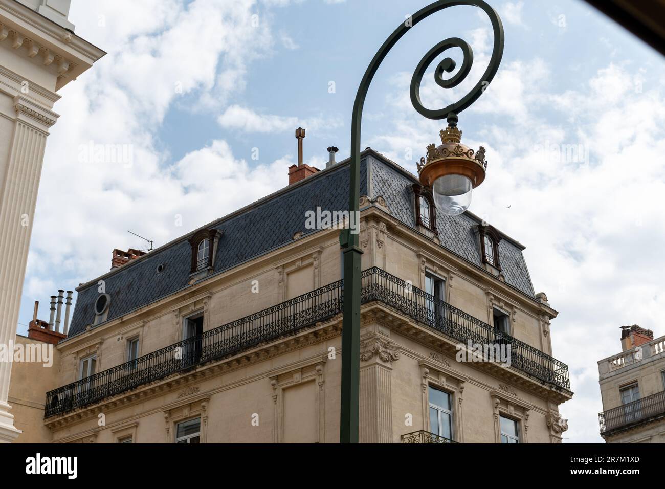 Walking in old central part of Montpellier city, France, houses and