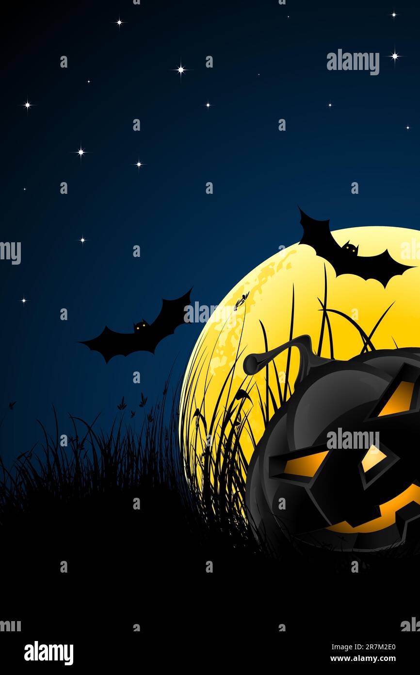 Halloween night background with pumpkin bats stars and moon Stock ...