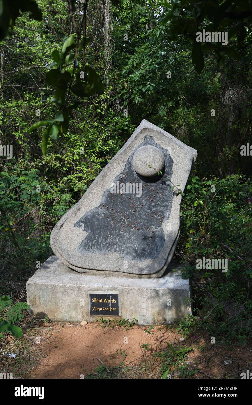 Silent Words. Stone sculpture by Vijaya Chauhan. Shilparamam Sculpture
