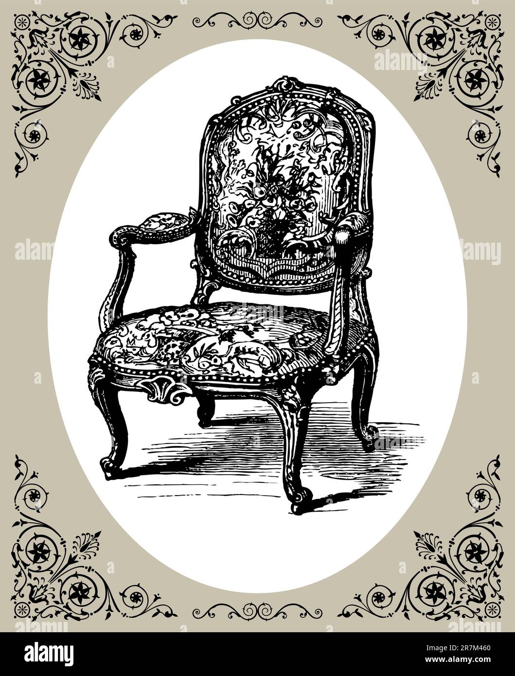 Vector illustration of antique baroque armchair, damask chair with oval frame Stock Vector