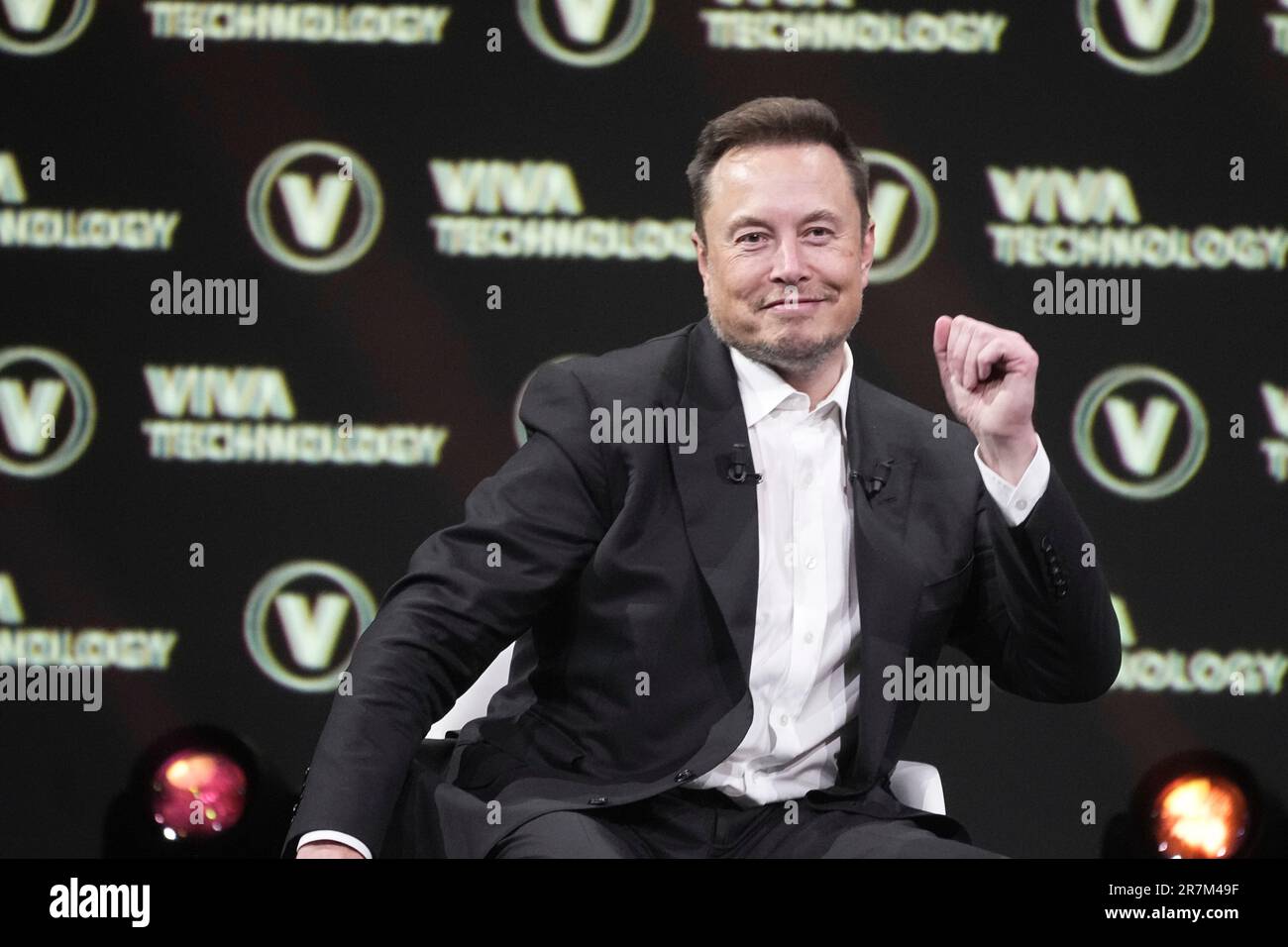 Elon Musk, who owns Twitter, Tesla and SpaceX, speaks at the Vivatech ...