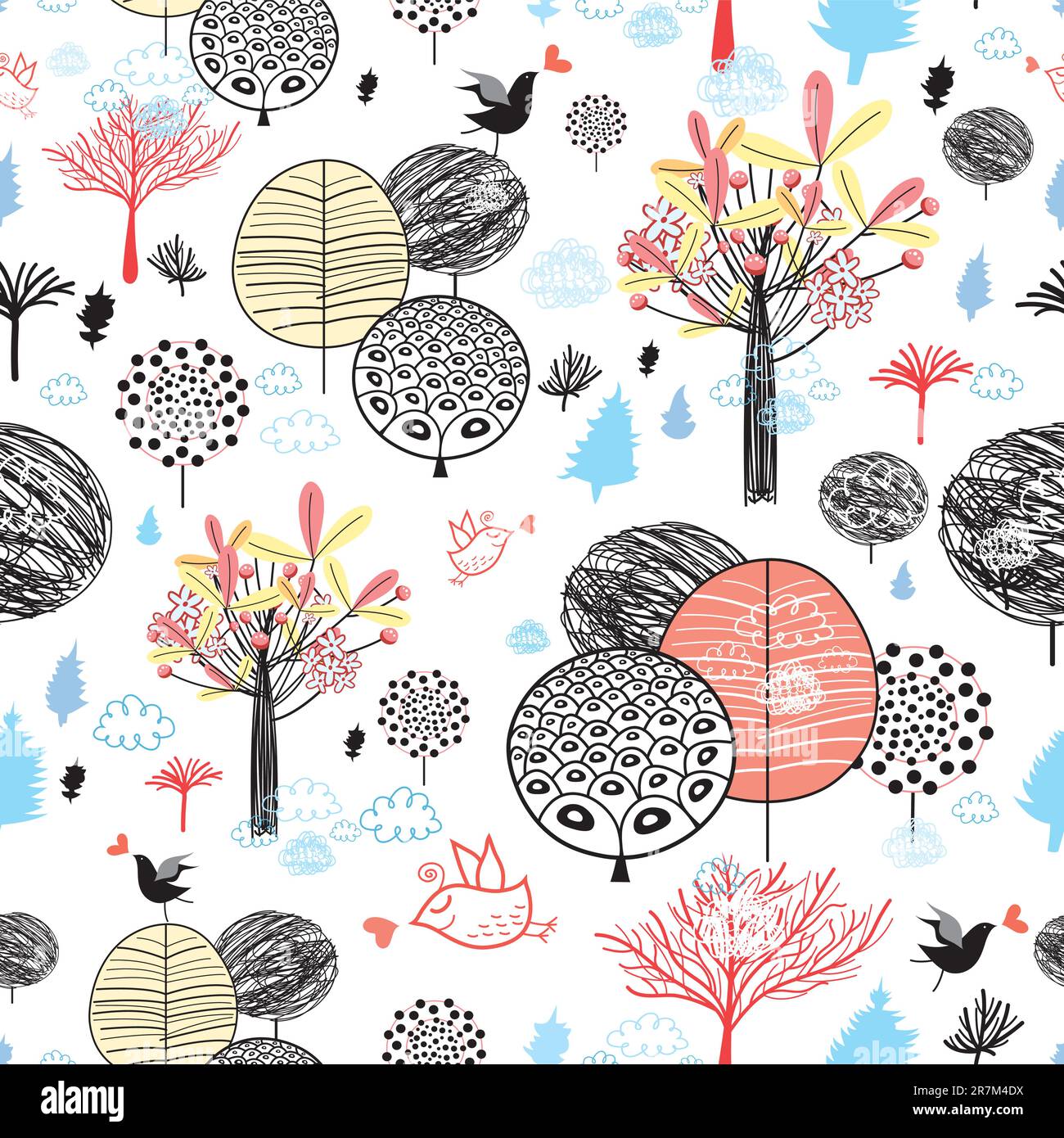 seamless pattern from autumn trees and birds on white Stock Vector