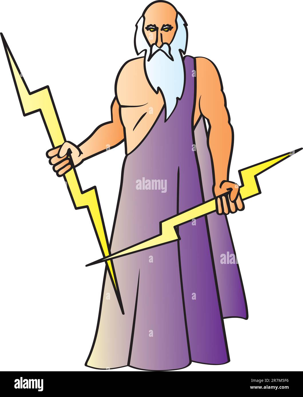 A cartoon drawing of the Greek God Zeus also known as the Roman god Jupiter holding his signature lightning bolts. Stock Vector
