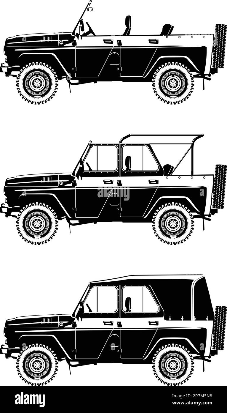 Vector black and white illustration of   military  off-road vehicle. Stock Vector