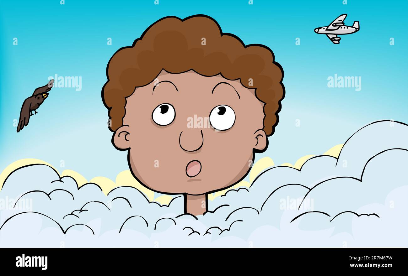 Young person with head in the clouds with plane and bird Stock Vector