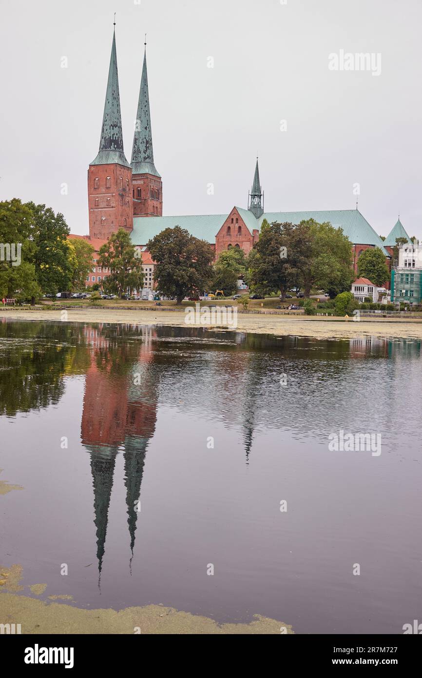 16 June 2023, Schleswig-Holstein, Lübeck: View of Lübeck Cathedral from ...