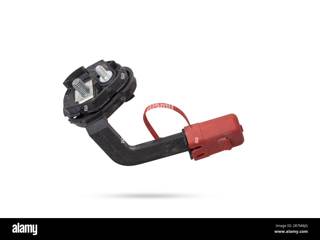 Close up view positive battery terminal and squib for disconnection in