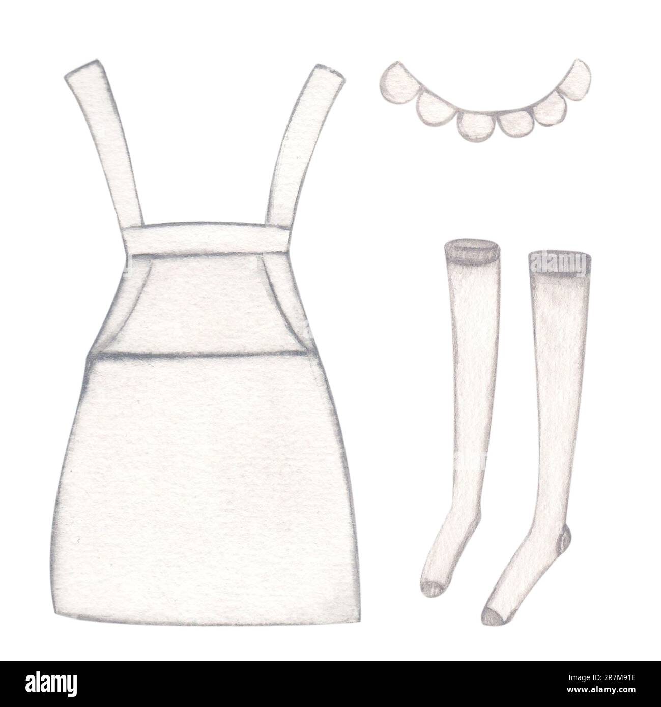 Laundry. Set of illustration of clothes, apron, stockings and collar. Watercolor on a white background. Hand-drawn. For postcards. Stock Photo