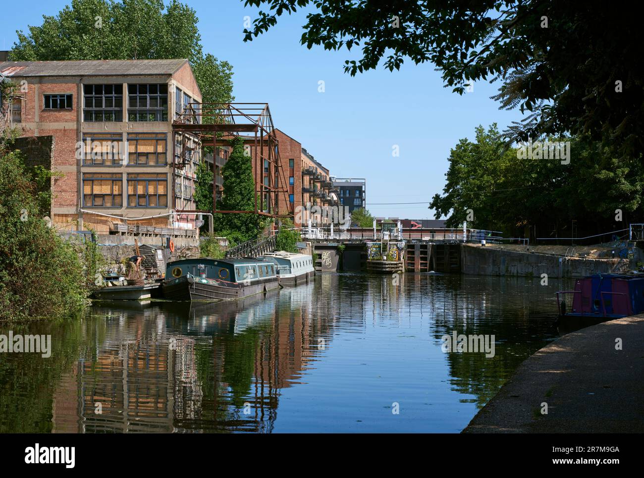 Old Ford Lock on the River Lea Navigation in summertime, East London, UK Stock Photo