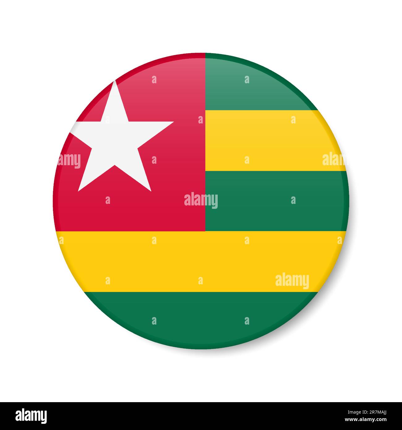 Togo circle button icon. Togolese Republic round badge flag with shadow. 3D realistic vector illustration isolated on white. Stock Vector