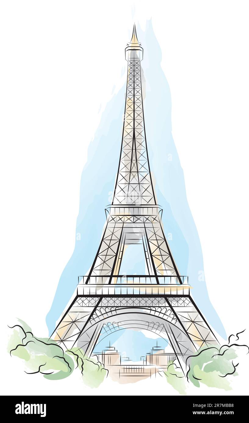 Drawing color Eiffel Tower in Paris, France. Vector illustration Stock Vector