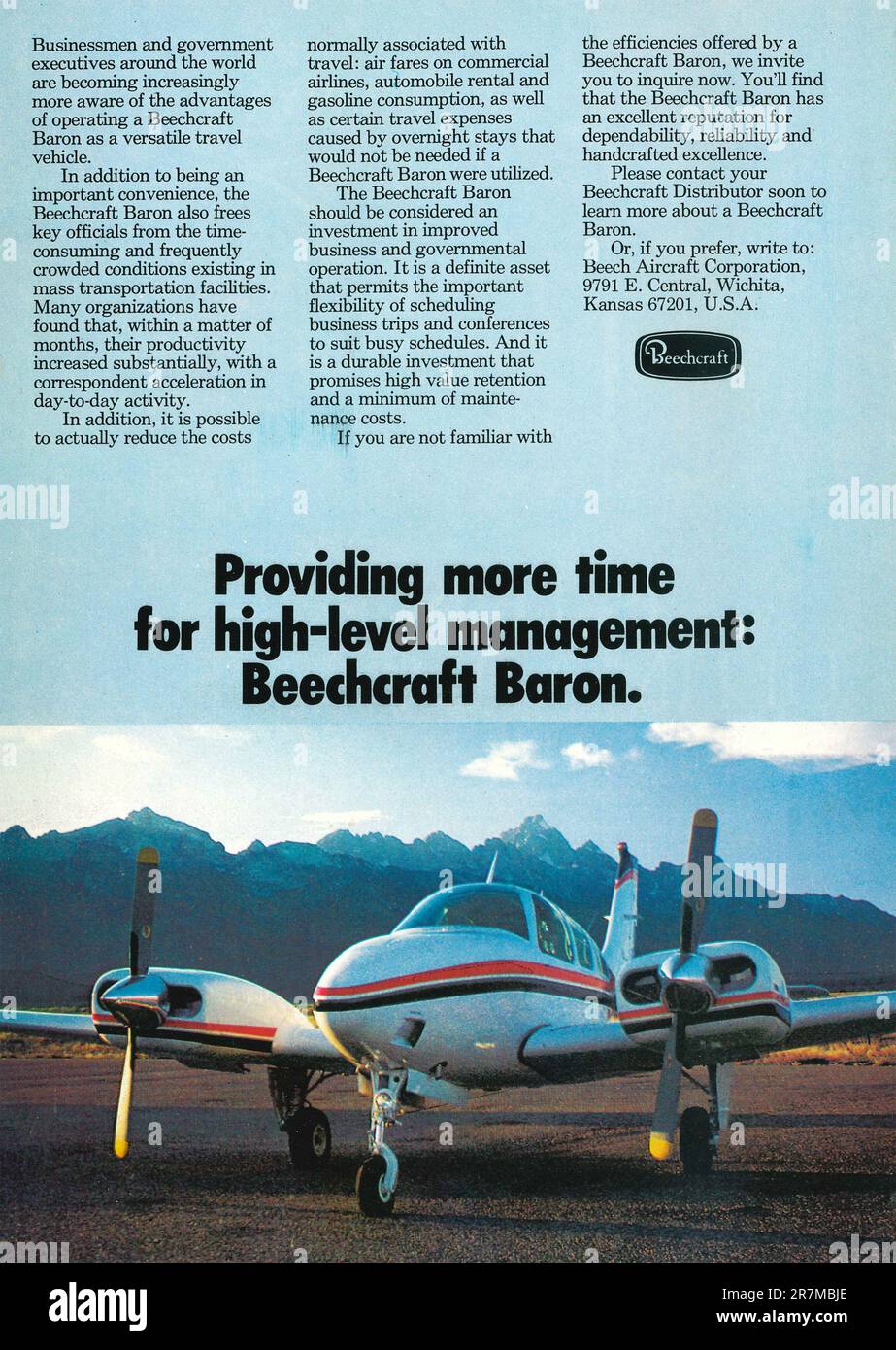 Beechcraft Baron private jet advert in a magazine 1977 Stock Photo