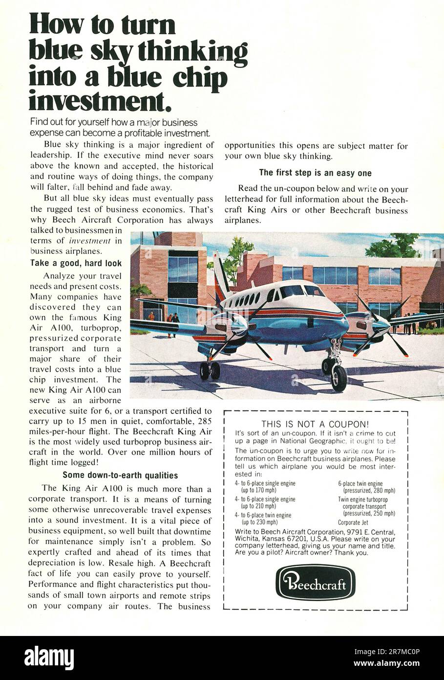 Beechcraft King Air private jet, executive jets advertisement placed inside NatGeo magazine, 1972 Stock Photo