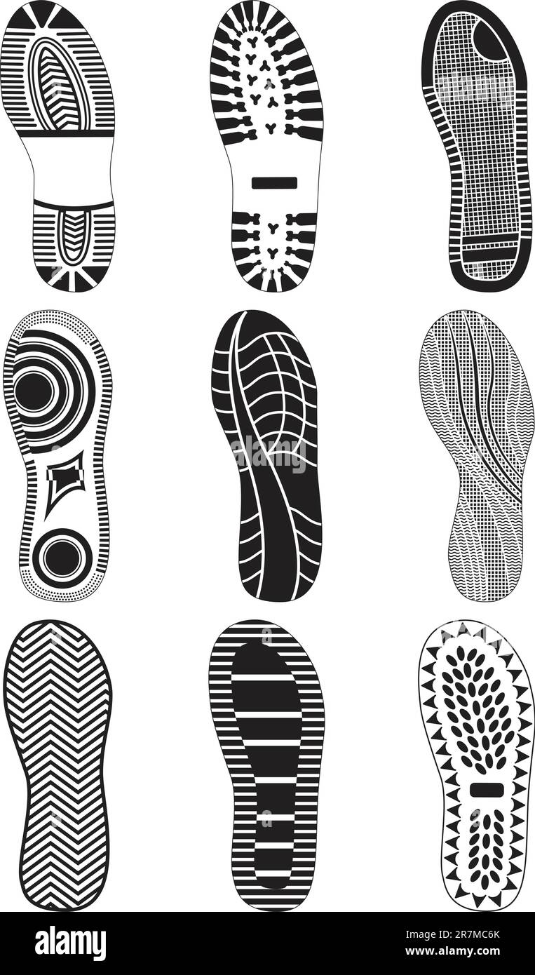 Vector illustration set of footprints. All vector objects are isolated and grouped. Colors and transparent background color are easy to customize. Stock Vector