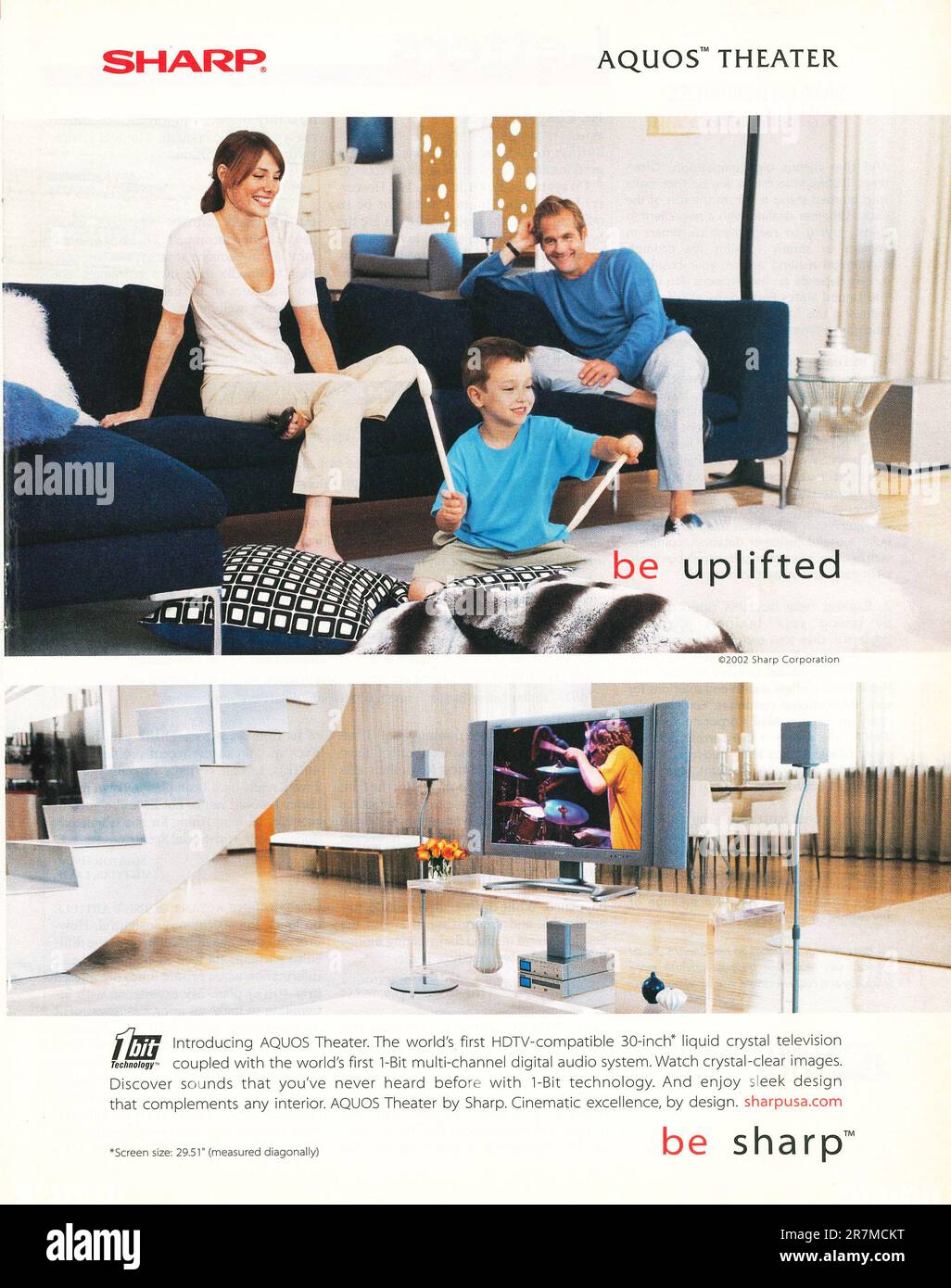 Sharp Aquos Theatre, HDTV 30 inch LCD TV, Sharp television set and audio system advert in a magazine 2002 Stock Photo