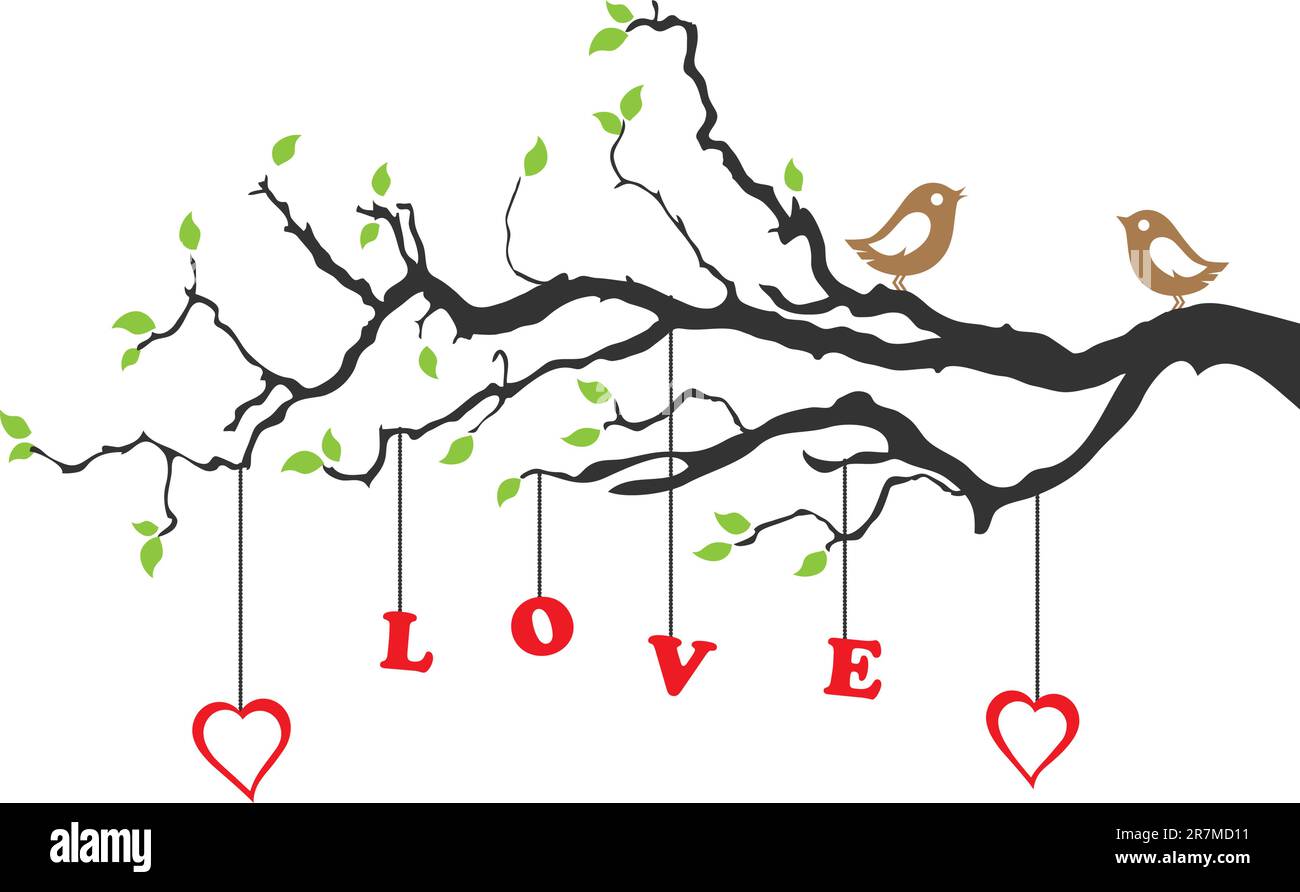 Two love birds and love tree greeting card. This image is a vector ...