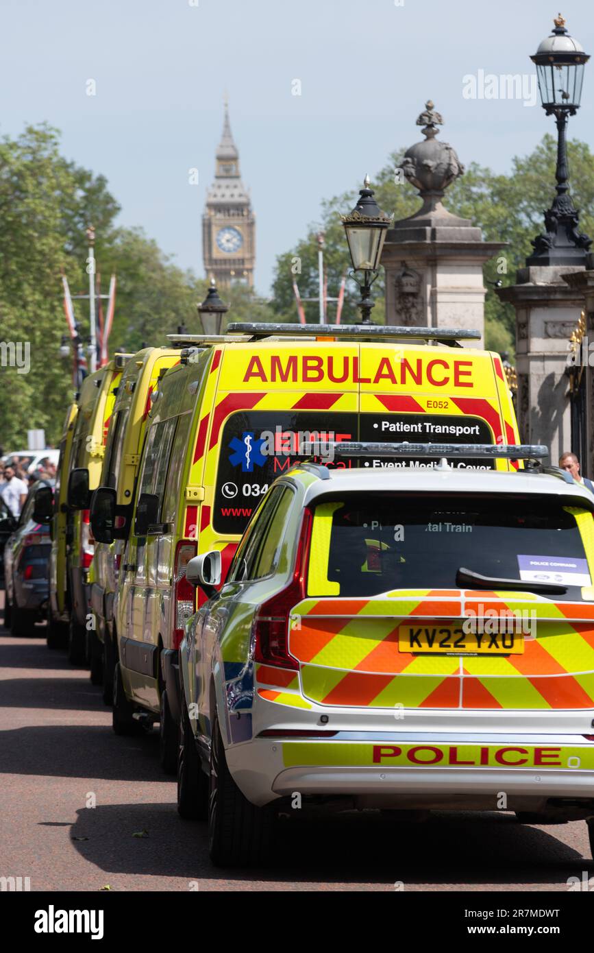 Emergency support vehicles for the RideLondon UCI Women's WorldTour Classique cycle race in London, UK. Police and ambulance cover Stock Photo