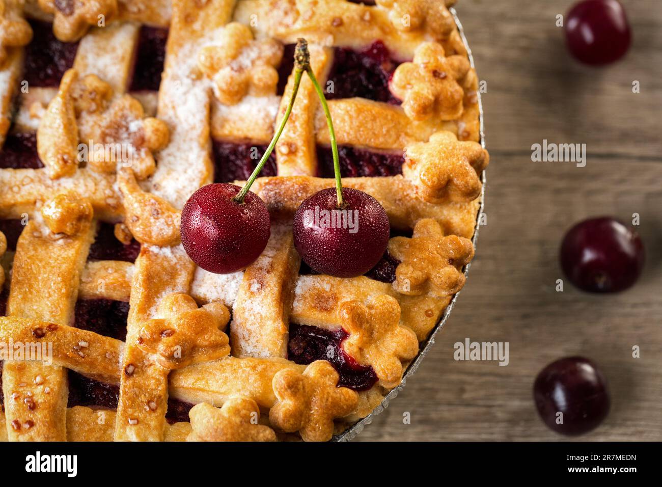 homemade cherry pie with fresh cherry top view Stock Photo