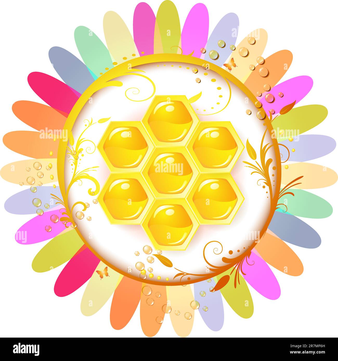 Honeycombs over colored floral background isolated on white Stock Vector