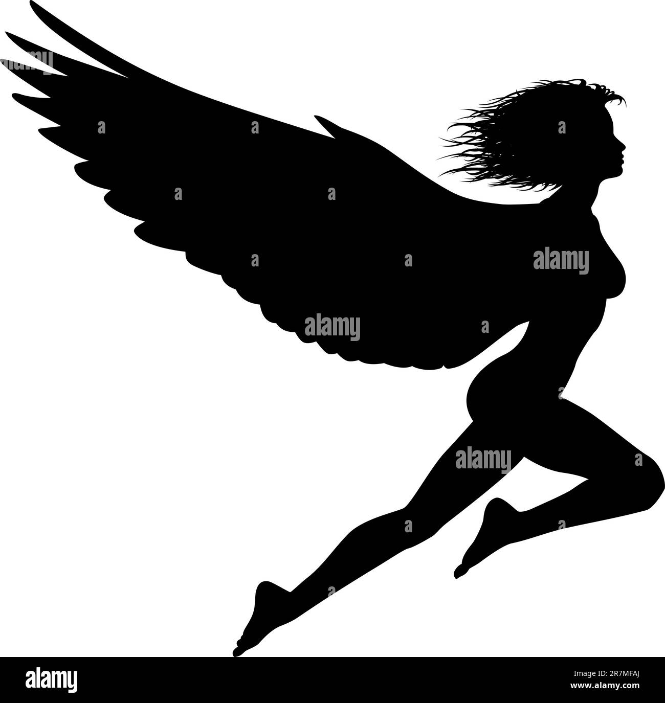 Editable vector silhouette of a woman with wings flying Stock Vector