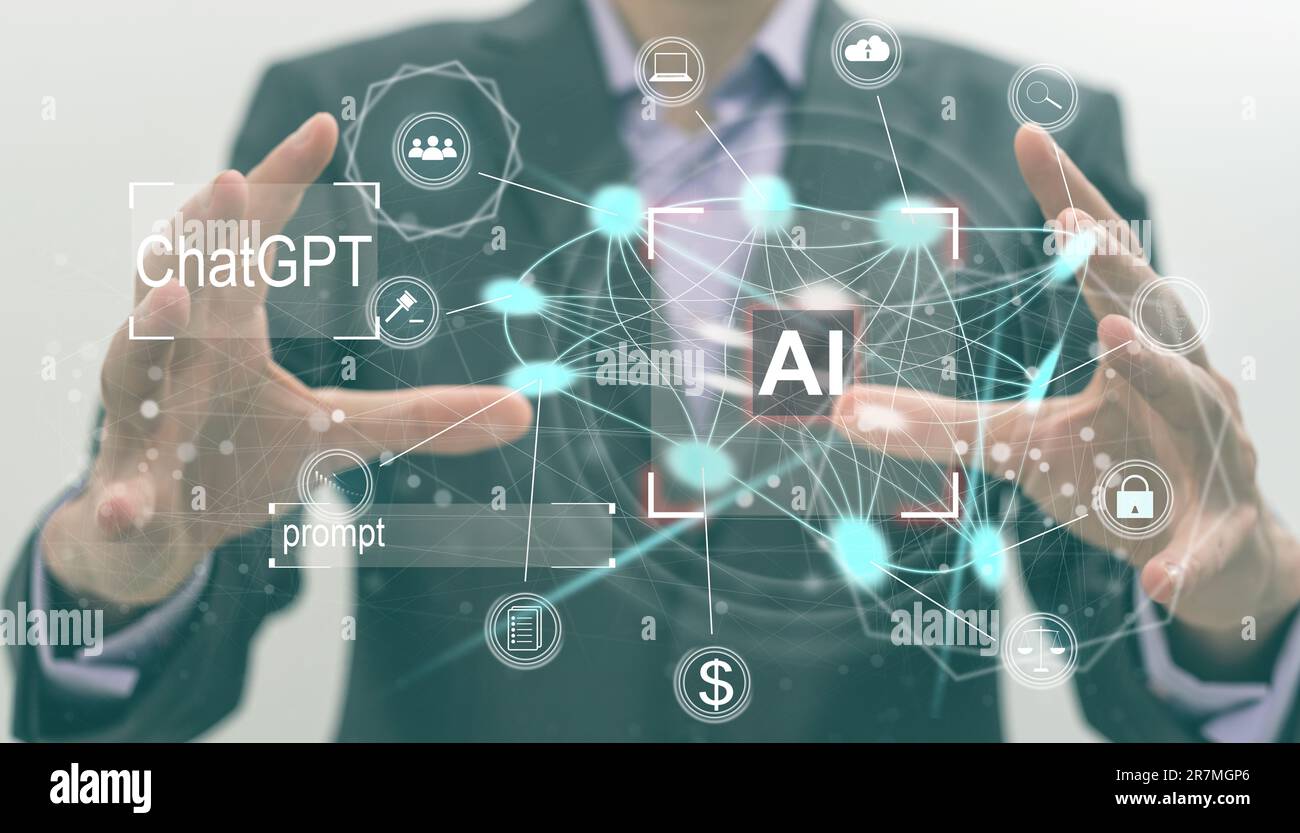 Artificial intelligence AI . Two hand holding virtual holographic Artificial intelligence icon with light blurred background. Data mining technology Stock Photo