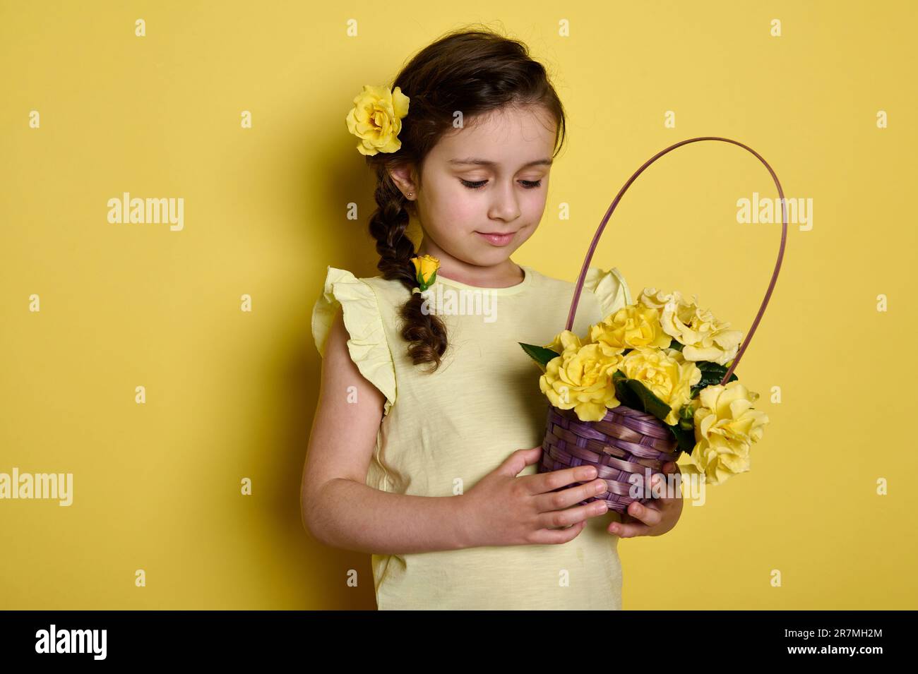 Cute little girl with rose flowers in hairstyle, holding wicker basket full of yellow roses, isolated studio background. Stock Photo