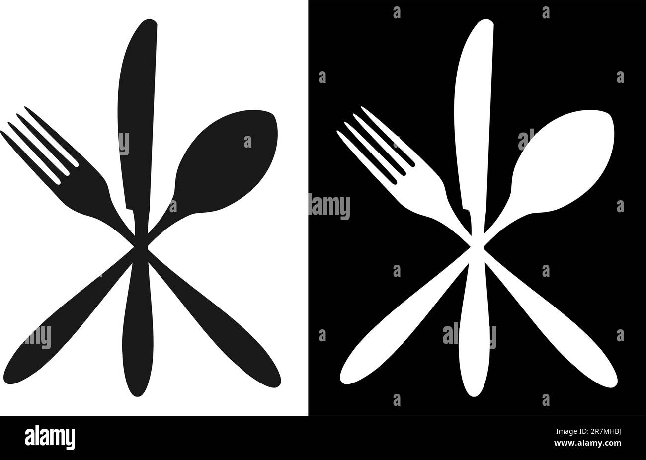 Cutlery icons. Fork, knife and spoon silhouettes on black and white backgrounds. Vector available. Stock Vector